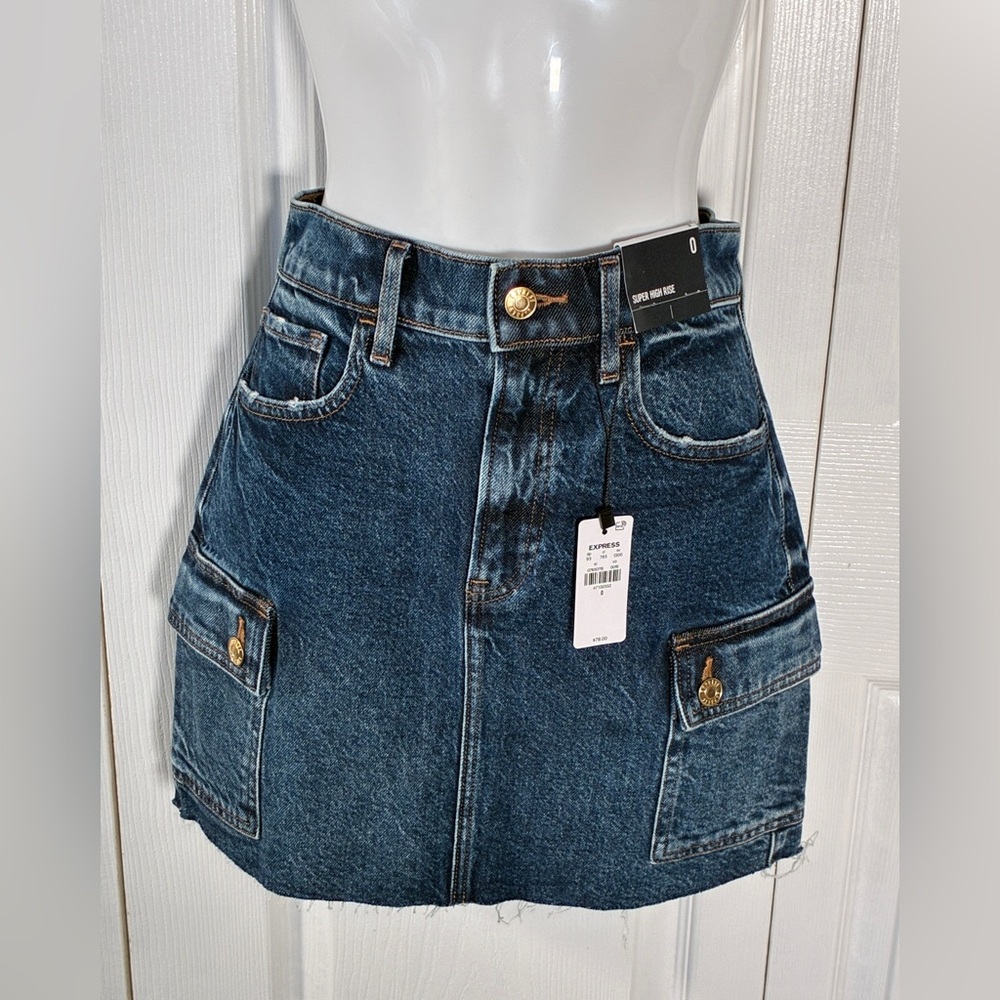 NWT Express Super High Rise Raw Hem Cargo Denim Skirt